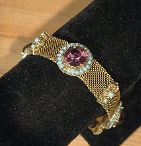 Pulsera de malla dorada vintage imitación amatista y medallones de piedra turquesa - Imagen 1 de 5