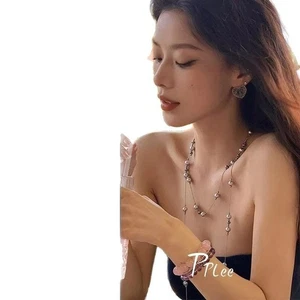 Geometric Cross Pendant Necklace with Silver Gray Pearl and Layered Chain - Picture 1 of 8