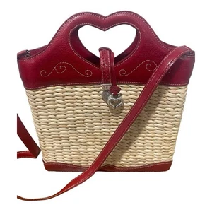 BRIGHTON Red Leather & Straw Mini Tote Bag Purse Heart Charm Western EUC - Picture 1 of 10