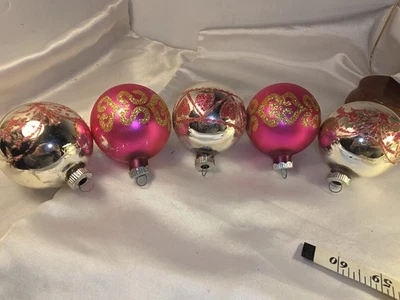 Lot Of 5 Shiny Brite Christmas Ornaments Pink Silver Gold Stenciled Glitter 2.5" - Image 1 of 4