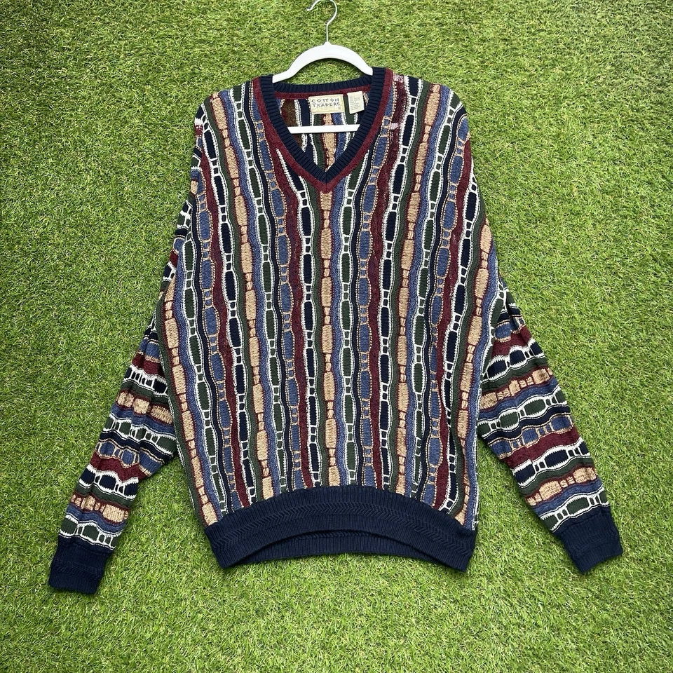 Vintage Cotton Traders 3D Knit Sweater Mens Large Coogi Style Chunky 90s y2k - Image 1 of 4