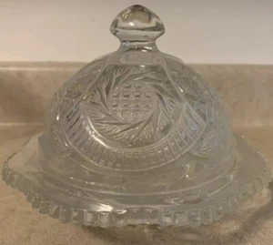 LE Smith Domed Butter Dish Sawtooth Moon & Starburst Vintage Clear Pressed Glass - Picture 1 of 7