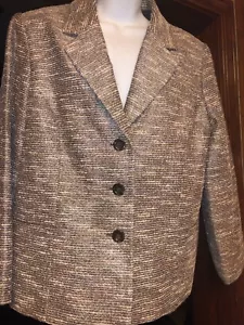 NWT Alfred Dunner Women’s Brown Cream Blazer Tweed Silver Metallic Jacket Sz 14 - Picture 1 of 8
