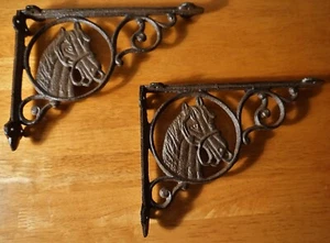 2 Horse Cast Iron Shelf Brackets Sculpture Rustic Farmhouse Barn Farm Home Decor - Picture 1 of 8