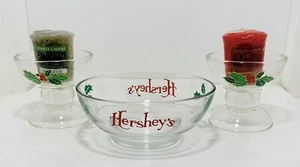 CHRISTMAS Hershey’s Candy Dish 5” & Holly Votive Candle Holders + Yankee Candles - Picture 1 of 8