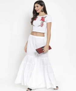 Pantalón Sharara con volantes de rayón blanco de diseñador Hermoso palazo inferior étnico - Imagen 1 de 3