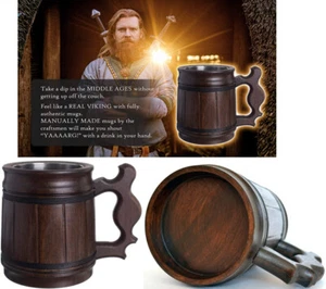 Wooden Viking Beer Mug Coffee Cup Handmade Wood Stainless Steel Stein Gift Xmas - Picture 1 of 9