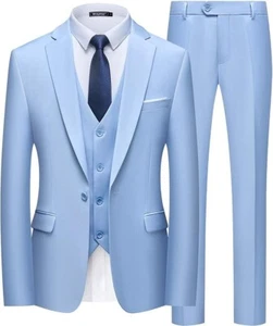 Wulful Men's Suit Slim Fit Light Blue 3 Piece L 42R 36W Notch Lapel 1 Button - Picture 1 of 6