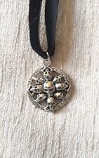 Tibetan silver circle of skulls on black velvet choker, Goth Halloween 