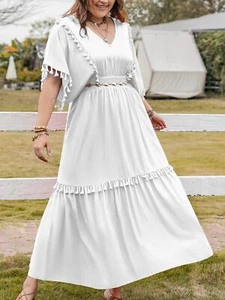 Women's Dress- Plus Size Tassel Smocked V-Neck Half Sleeve Dress - Picture 1 of 6