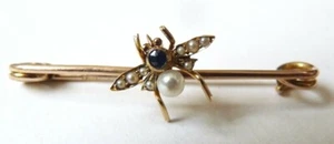 mouche abeille Broche OR 9k + perle + saphir Bijou ancien gold brooch insect - Foto 1 di 4