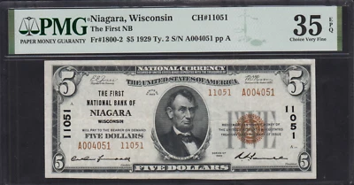 1929 Niagara Wisconsin $5 National Banknote Charter 11051 PMG Choice VF 35 EPQ - Image 1 of 2