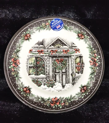 4 Royal Stafford CHRISTMAS HOME Salad Plate 8.5" Wreath Door 🎄 Bows Gray Border - Image 1 of 4