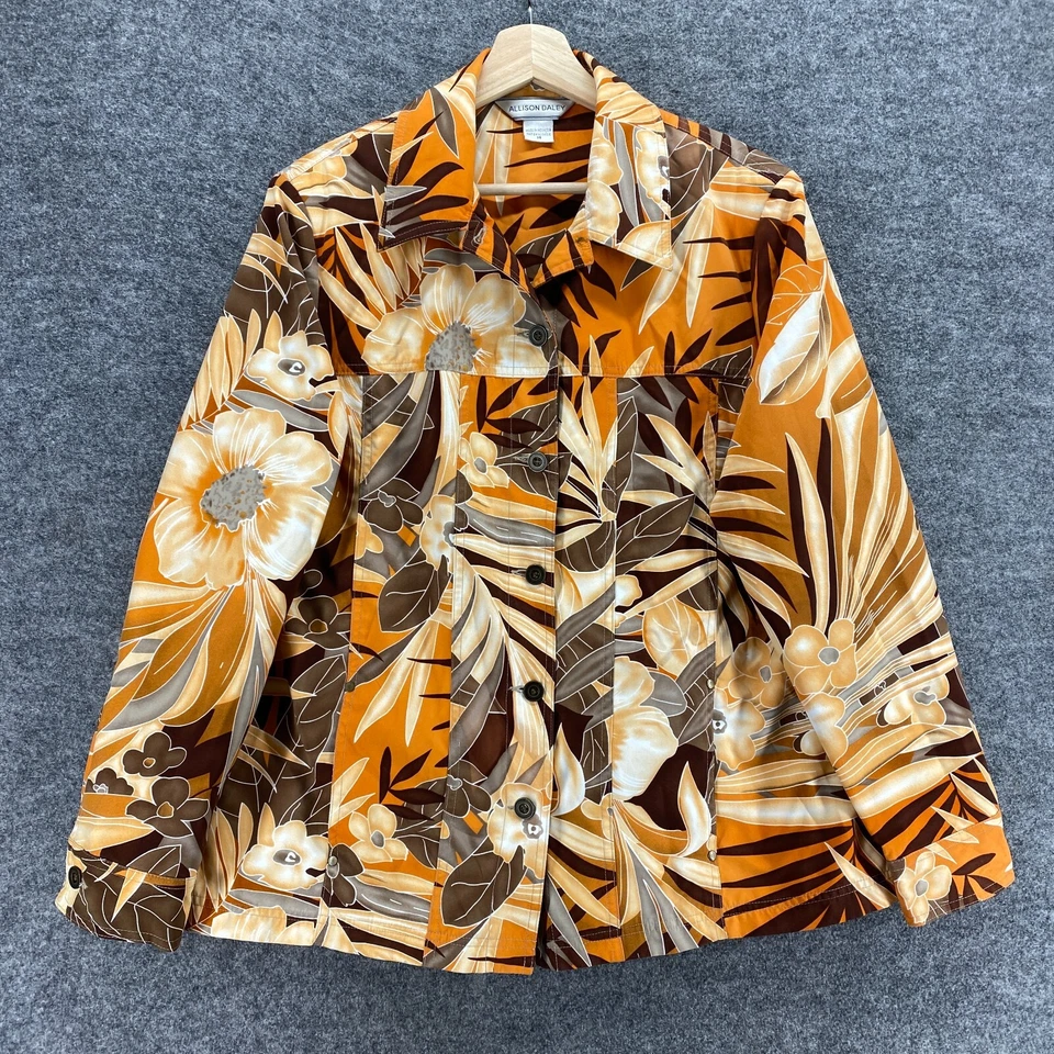 Allison Daley Jacket Women 14 Orange Floral Button Up Collared Long Sleeve - Image 1 of 4
