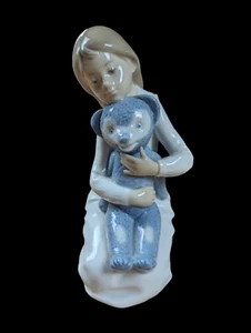 NAO by Lladro My Teddy Bear Figurine Girl Kneeling Holding Big Blue Bear! - Picture 1 of 8