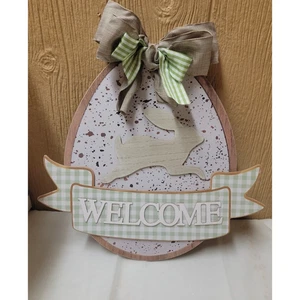 Welcome Easter Egg Hanging Wooden Decor 15" x 15.5" Bunny Bow - Picture 1 of 5