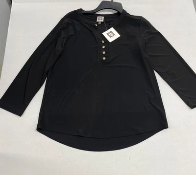 Top Anne Klein Mujer Mediano M Negro Henley Cuello Dividido Botones Dorados Manga Larga Foto 1 de 3