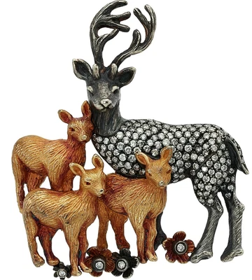 18K Gold & Antiqued 925 Sterling Silver Deer Family Brooch 1.30 CT w/ Diamonds - Image 1 of 4