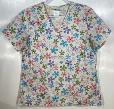 Scrub Top womens size M Medium Spring Flowers pink green blue purple white - Image 1 of 4