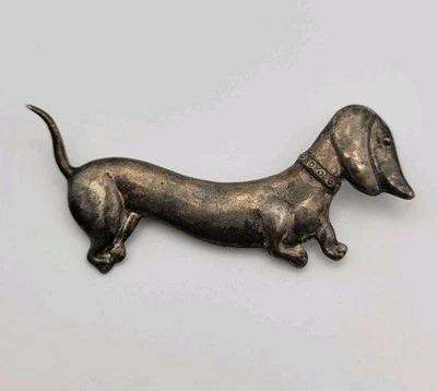 Broche Dachshund de Colección Plata de Ley Weiner Perro Prendedor Collar Figura Pátina Firmado Foto 1 de 4