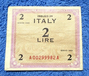 VECCHIA BANCONOTA D'ITALIA 2 LIRE 1943 OCCUPAZIONE ALLEATA MONETA MILITARE A00299982A - Foto 1 di 2