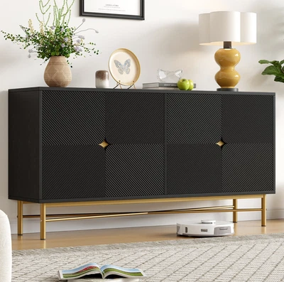 160cm Kommode Sideboard mit 4 Türen Textur Anrichte Aufbewahrungsschrank Schwarz - Bild 1 von 4