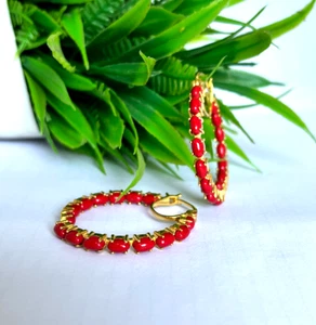 Red Coral Inside Out Hoop Earrings Yellow Gold Plating Over 925 Sterling Silver - Picture 1 of 4