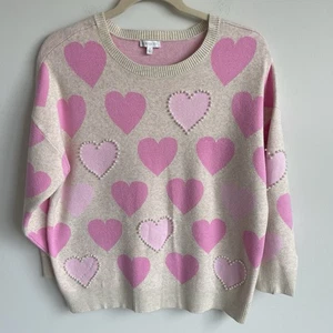 Crown & Ivy Damenpullover Übergröße 2X rosa Herz Perlen verziert adrett - Bild 1 von 14