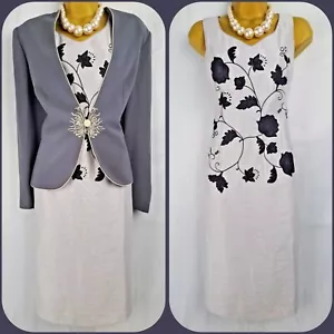 Jacques Vert Light Grey Floral Dress & Grey Jacket, Wedding Outfit, UK12 - Picture 1 of 11