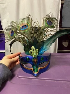 Peacock Feather Masquerade Mask - Picture 1 of 9