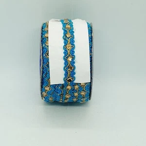 Nastro treccia indiano cristallo oro blu turchese 12 mm bordo abbellimento cucito - Foto 1 di 1