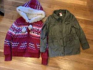 Girls Lot Jacket Sweater 8 Olive Army Green Knit Chunky Pink Purple Fair Isle - Picture 1 of 4