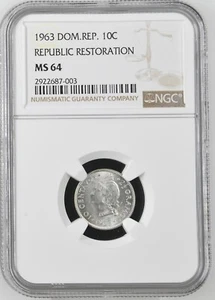 Dominican Republic 10 Centavos 1963 NGC GRADED MS 64 REPUBLIC RESTORATION SILVER - Picture 1 of 2