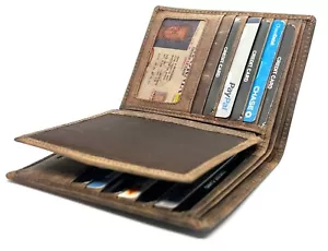 Hunter Brown Leather Men's Bifold Hipster Vintage European Wallet Credit Card - Picture 1 of 14
