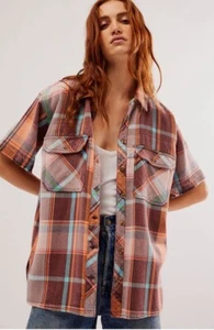 Free People Vintage Crush Plaid Shirt We The Free Brown Orange Combo S NEW - Picture 1 of 5