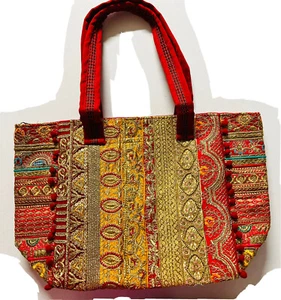 Red Golden BEADS Handbag INDIA Boho Hippie TOTE project Bag/Purse USA SELLER - Picture 1 of 14