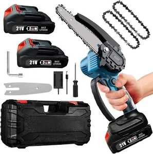 Mini Chainsaw 6'' Portable Electric Chainsaw Cordless Handheld W/2 Pcs Batteries - Picture 1 of 8