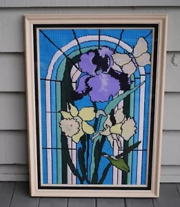 Finished Needlepoint Stained Tiffany Glass Daffodil and Iris Butterfly Framed - Picture 1 of 8