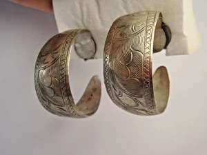 Large Vintage Sterling Silver Domed Half Hoop Clip-On Earrings Tribal Jewelry - Picture 1 of 19