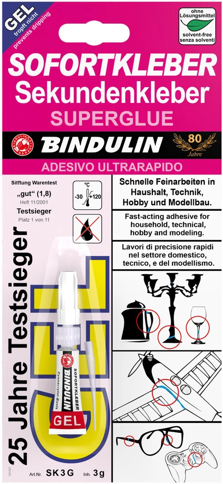 BINDULIN 3 g Tube Sofortkleber-G - tropft nicht, fugenfüllend, Sekundenkleber - Gel