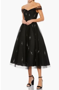 398 $ Mac Duggal schwarz schulterfrei verziert Tüll Cocktailkleid. Größe 8 - Bild 1 von 6