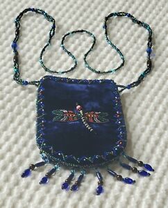 Cobalt Blue Velvet Crossbody Pouch Small Bag Coin Purse Beaded Dragonfly Pretty