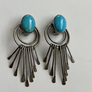 Vintage Sterling Fringe Turquoise Clip Earrings — (D) - Picture 1 of 11
