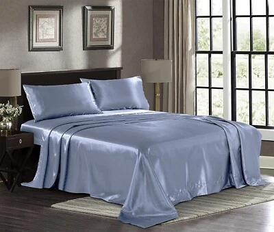 Skyblue Full Size Satin Silky Sheet Set With Pillowcase Microfiber Deep Pocket - Image 1 of 4