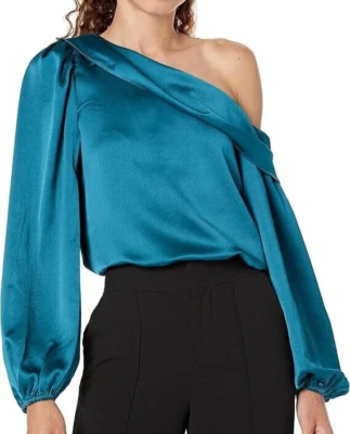 Nuevo con etiquetas - Top satinado Trina Turk 'Astronómico' de un hombro, verde azulado piscina - mediano Foto 1 de 2