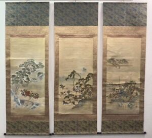 Japanese Hanging Scrolls Samurai Landscape Painting w/Box Asian Antique pbV