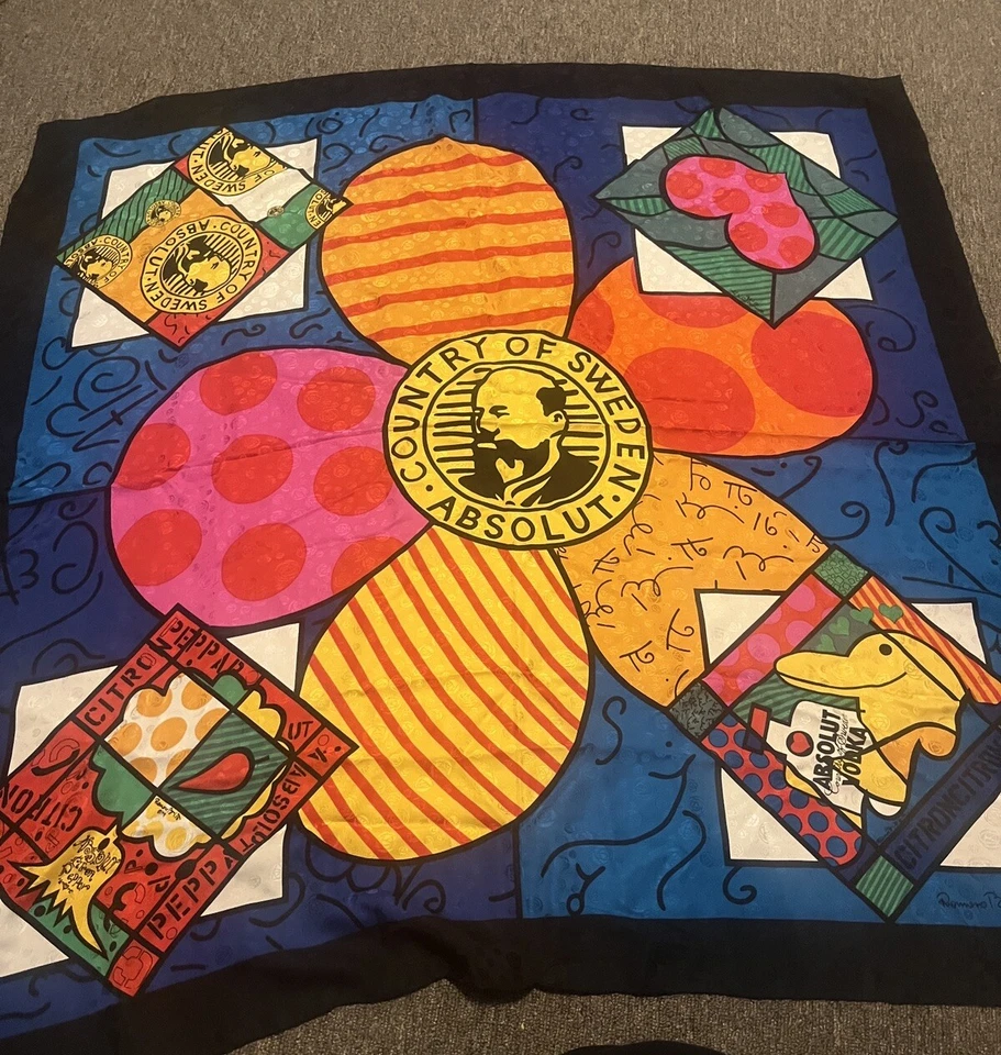 Винтажный Romero Britto цветной весело яркий водки искусства шарф 1991 - Изображение 1 из 4
