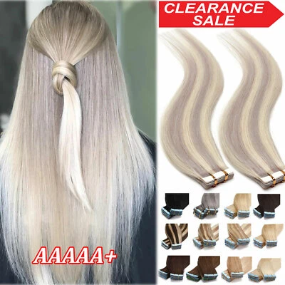 18"CLEARANCE 200G 80PCS Tape In Remy Human Hair Extensions Skin Weft FULL HEAD M - Image 1 of 4