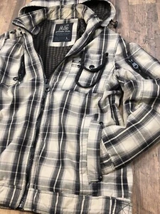 Mens Plaid Zip Jacket Hooded L AG Attitude Gold Cotton Beige Brown Field Cargo - Picture 1 of 21