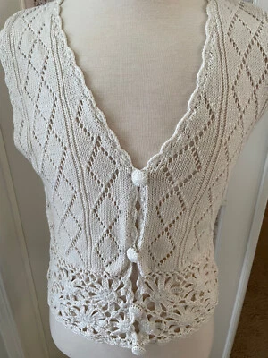 VTG Romantic Expressions Sz L Sweater Vest Knit Crochet Boho White Cover Buttons - Image 1 of 4